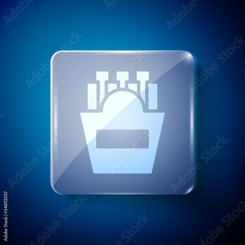 White Potatoes french fries in carton package box icon isolated on blue background. Fast food menu. Square glass panels. Vector Illustration