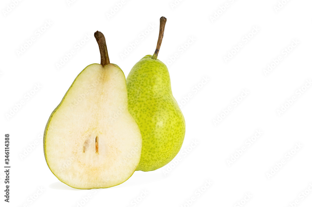 half and whole ripe yellow pear isolated on a white background half and whole ripe yellow pear isolated on a white background