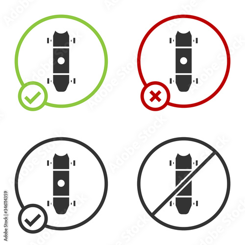 Black Longboard or skateboard cruiser icon isolated on white background. Extreme sport. Sport equipment. Circle button. Vector Illustration