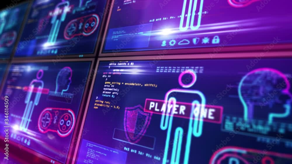 Create and code new game on moving computer screens. Cyber video gaming, digital esport and computer play concept 3d loopable and seamless animation with glitch effect.