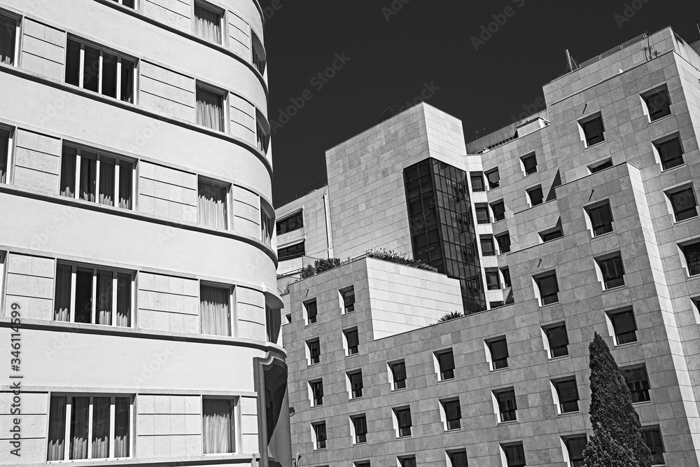 black and white photo of the facades of modern office buildings in the Portuguese capital