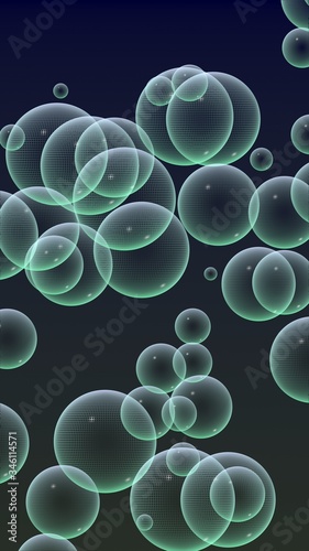 Dark background green mesh bubbles. Wallpaper  texture with bubble. 3D illustration