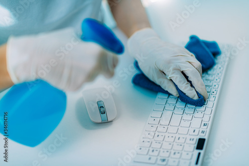 Fotografía Disinfection of Computer Keyboard and Mouse