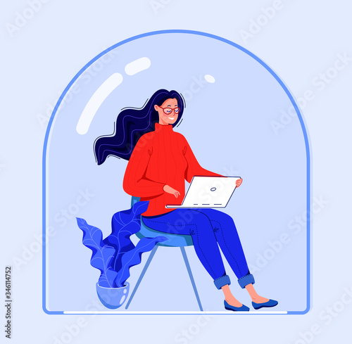 A woman works on a laptop under a glass cover that protects her from the virus. Vector. Flat cartoon design.