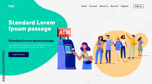 Queue of people standing for using ATM. Bank customer inserting credit card to slot for transaction. Vector illustration for business, banking, finance concept