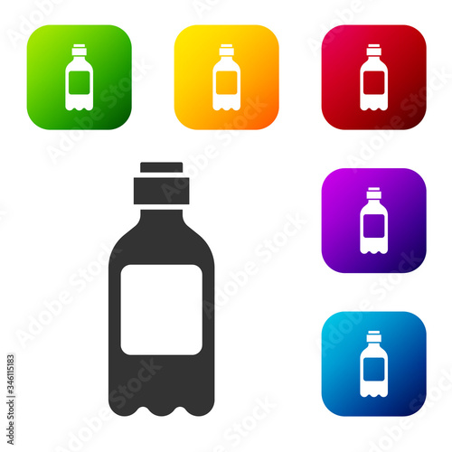 Black Bottle of water icon isolated on white background. Soda aqua drink sign. Set icons in color square buttons. Vector Illustration