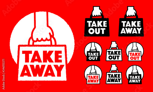 テイクアウト（お持ち帰り）ロゴ アイコンセット｜Takeaway vector icons. Takeout  food in paper bag