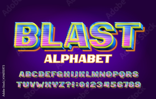 Blast alphabet font. 3D shining letters  numbers and symbols. Retro-futuristic vector typescript for your typography design.