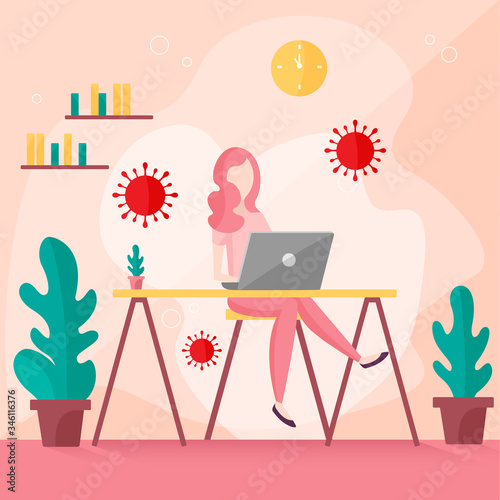 Homeoffice - Frau arbeitet von Zuhause. Virus. Vektor