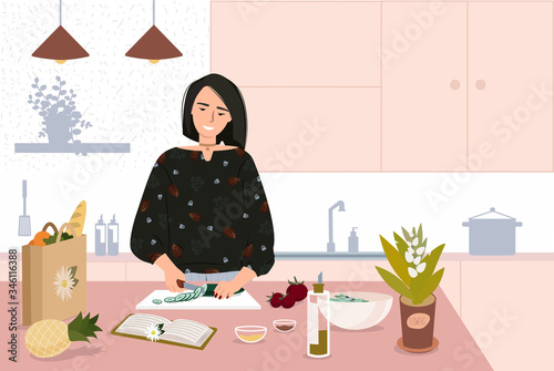 Happy cute woman cooking at kitchen table vector flat lifestyle illustration. Kitchen interior, kitchenware, crockery, home, room. Cartoon girl cooking healthy food, salad. Person meal preparation