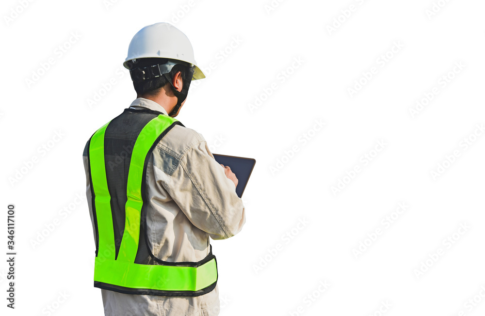worker with Ipat in hand isolated on white background with copy space.
