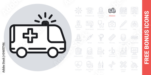 Ambulance car icon. Simple black and white version. Free bonus icons kit included