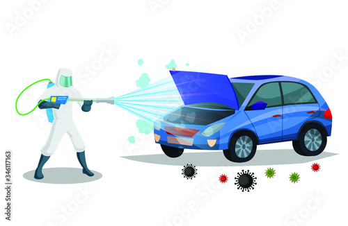 Vehicle sanitize and disinfectant services. Car sanitize for covid 19 disease with proper servicing. Vector illustration car disinfectant.