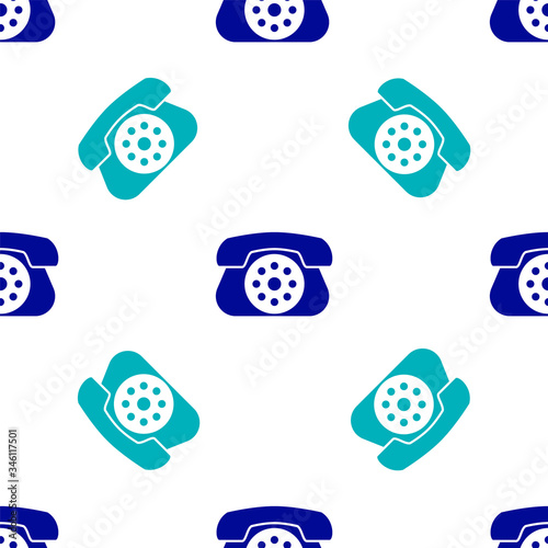 Blue Telephone icon isolated seamless pattern on white background. Landline phone. Vector Illustration