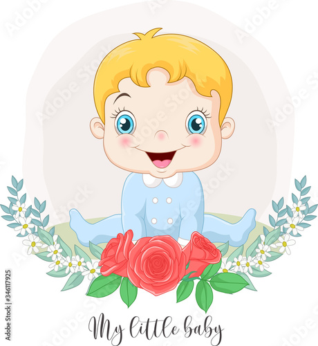 Cartoon cute little baby boy with flowers background