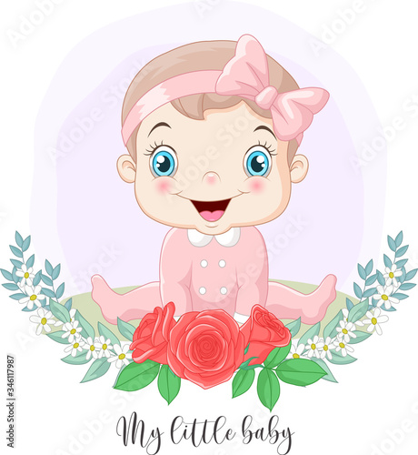 Cartoon cute little baby girl with flowers background