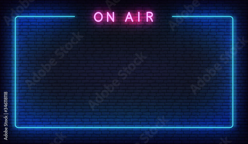 On air neon background. Template with glowing on air text and border photo