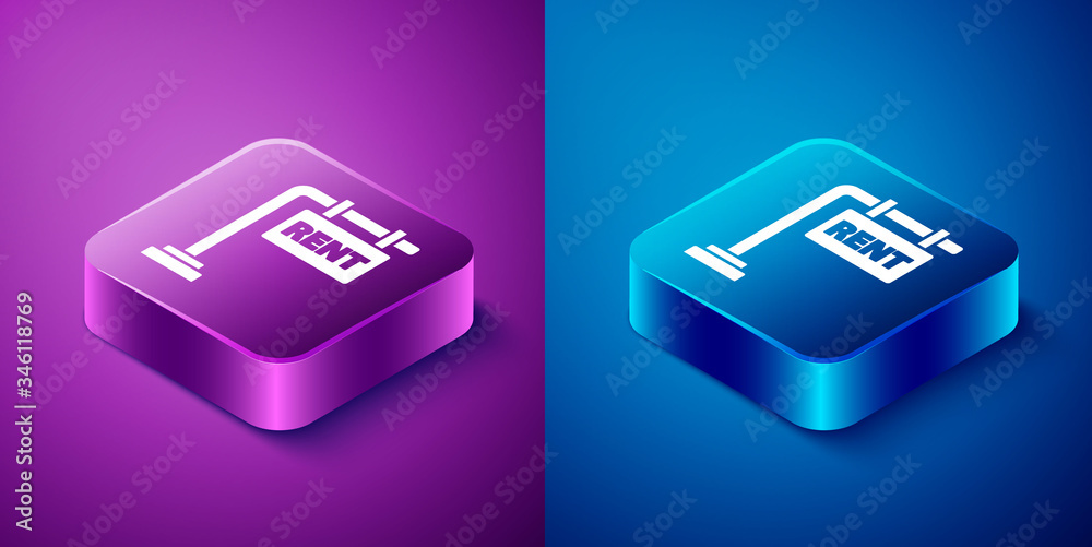 Isometric Hanging sign with text Rent icon isolated on blue and purple background. Signboard with text For Rent. Square button. Vector Illustration Isometric Hanging sign with text Rent icon isolated on blue and purple background. Signboard with text For Rent. Square button. Vector Illustration