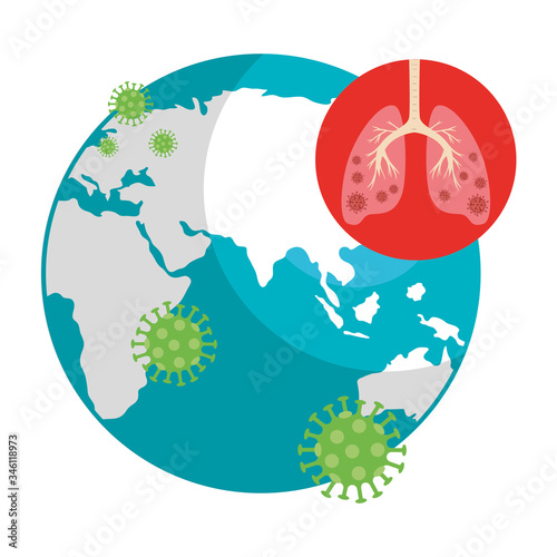planet earth with covid19 particles and lungs vector illustration design