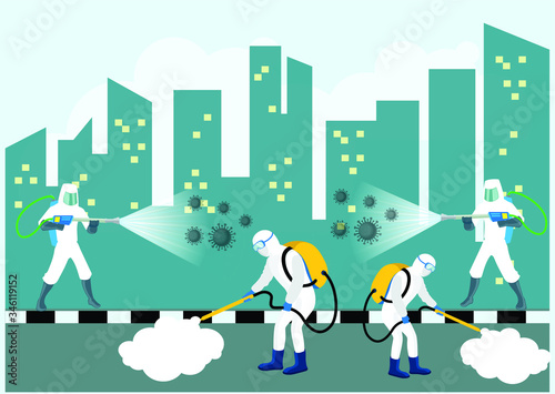Sanitize and disinfectant services at office and home for virus, germs and insects removal with complete pest control. Vector illustration of a Man wear a safety dress for sanitize and remove virus.