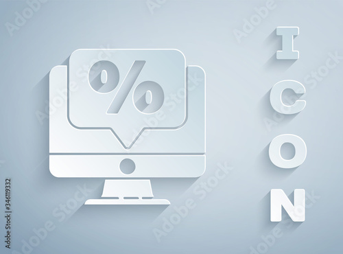 Paper cut Percent discount and monitor icon isolated on grey background. Sale percentage - price label, tag. Paper art style. Vector Illustration