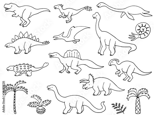 恐竜の手描き線画イラストセット
