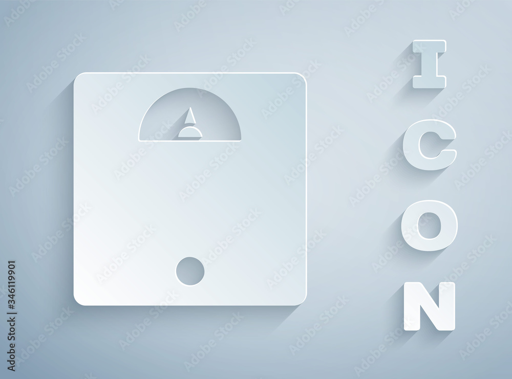 Paper cut Bathroom scales icon isolated on grey background. Weight measure Equipment. Weight Scale fitness sport concept. Paper art style. Vector Illustration Paper cut Bathroom scales icon isolated on grey background. Weight measure Equipment. Weight Scale fitness sport concept. Paper art style. Vector Illustration