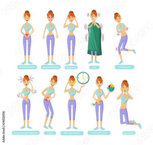 PMS - Premenstrual syndrome symptoms. Young woman suffers from premenstrual syndrome, experiences weakness, diarrhea, headache, chills, nausea, depression, insomnia, sleep disturbance cartoon vector