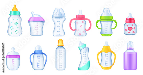 Realistic baby milk bottle set. Colorful multi-colored bottles for feeding a newborn baby differents shape with pacifier nipples  color plastic handles and measurement scale volume vector 3d isolated