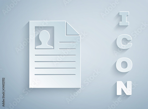 Paper cut Resume icon isolated on grey background. CV application. Searching professional staff. Analyzing personnel resume. Paper art style. Vector Illustration