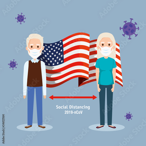 old couple with usa flag covid19 pandemic vector illustration design