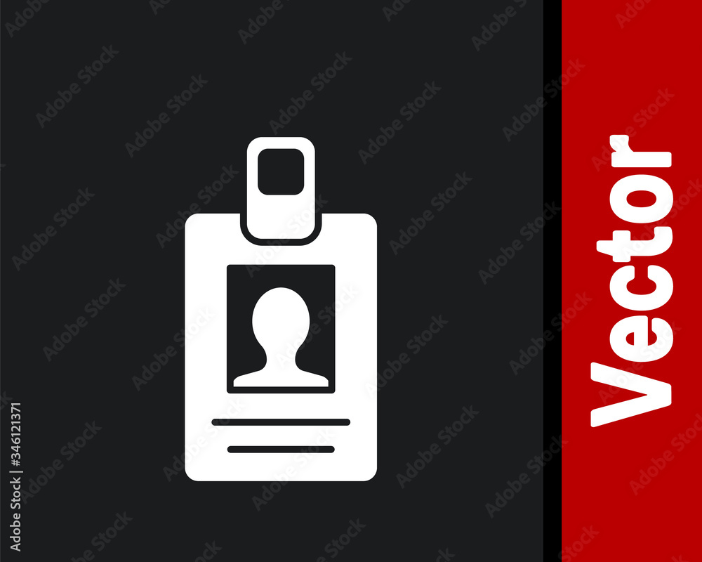 White Identification badge icon isolated on black background. It can be used for presentation, identity of the company, advertising. Vector Illustration