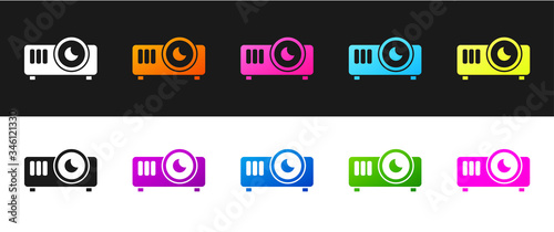 Set Presentation, movie, film, media projector icon isolated on black and white background. Vector Illustration
