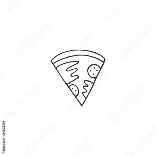 Hand drawn vector icon, a slice of pizza. Cafe delivery service logo element.