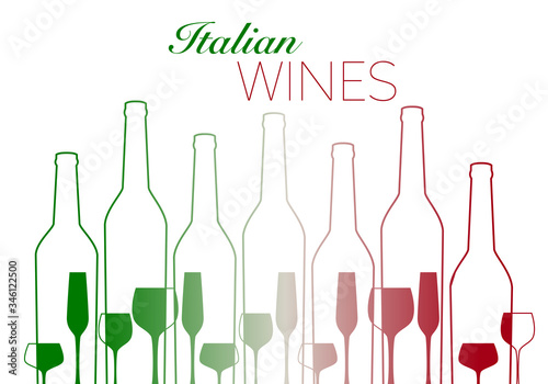 outlines of wine bottles and glasses with italian flag colors isolated on white background