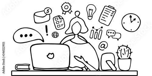 Girl blogger lead blog. Character of young woman broadcasts online and educates people. Content or account manager work remotely in home office. Hand drawn vector illustration