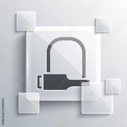 Grey Bicycle lock U shaped industrial icon isolated on grey background. Square glass panels. Vector Illustration