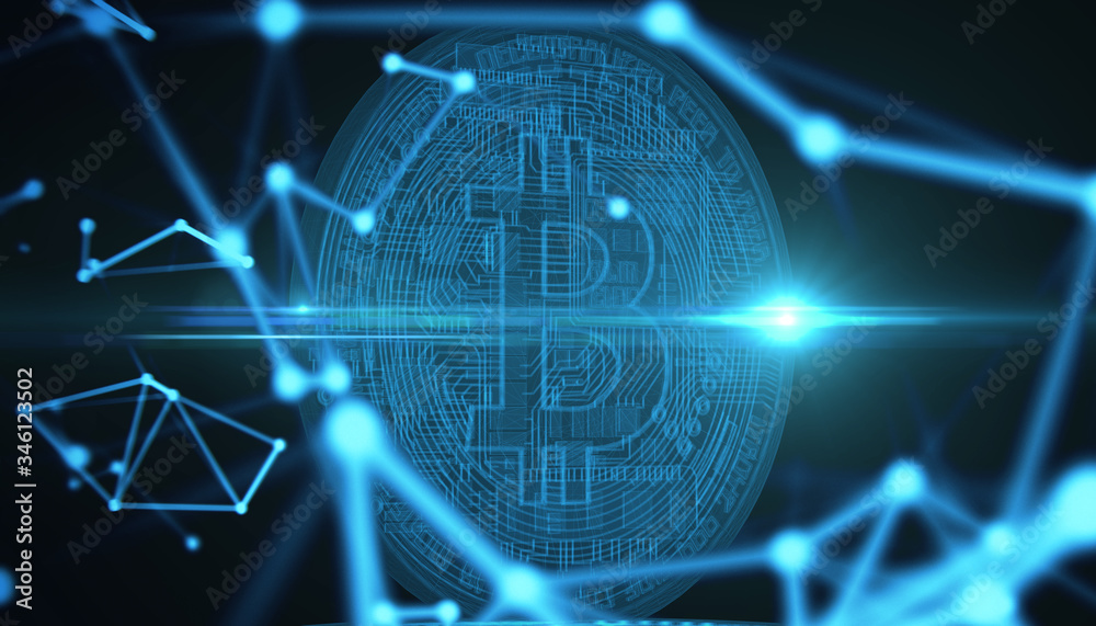 Bitcoins, new virtual money on various digital background, 3D render Bitcoins, new virtual money on various digital background, 3D render