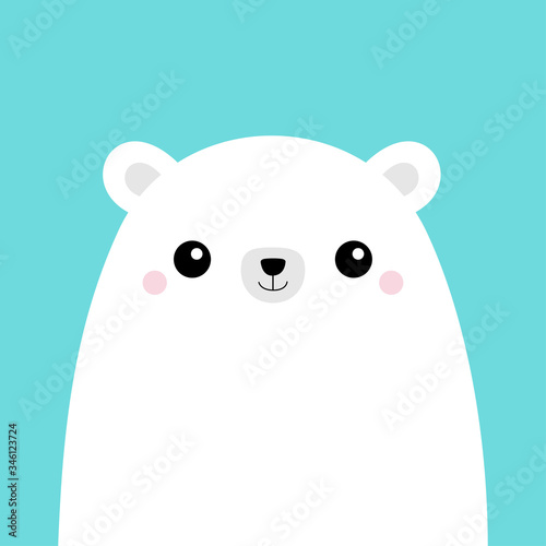 Polar white bear cub face. Cute cartoon kawaii funny baby character. Arctic animal. Hello winter. Merry Christmas. Happy New Year. Flat design. Hello winter. Blue background.