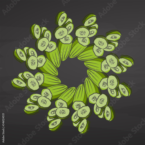 Colorful Cucumbers arranged in a circle on a blackboard