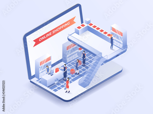 People's activity of online shopping on laptop design.  3d isometric vector  illustration.