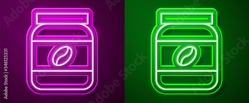 Glowing neon line Coffee jar bottle icon isolated on purple and green background. Vector Illustration