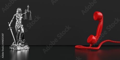 Lady Justice statue with a telephone receiver on a dark background. 3d illustration.