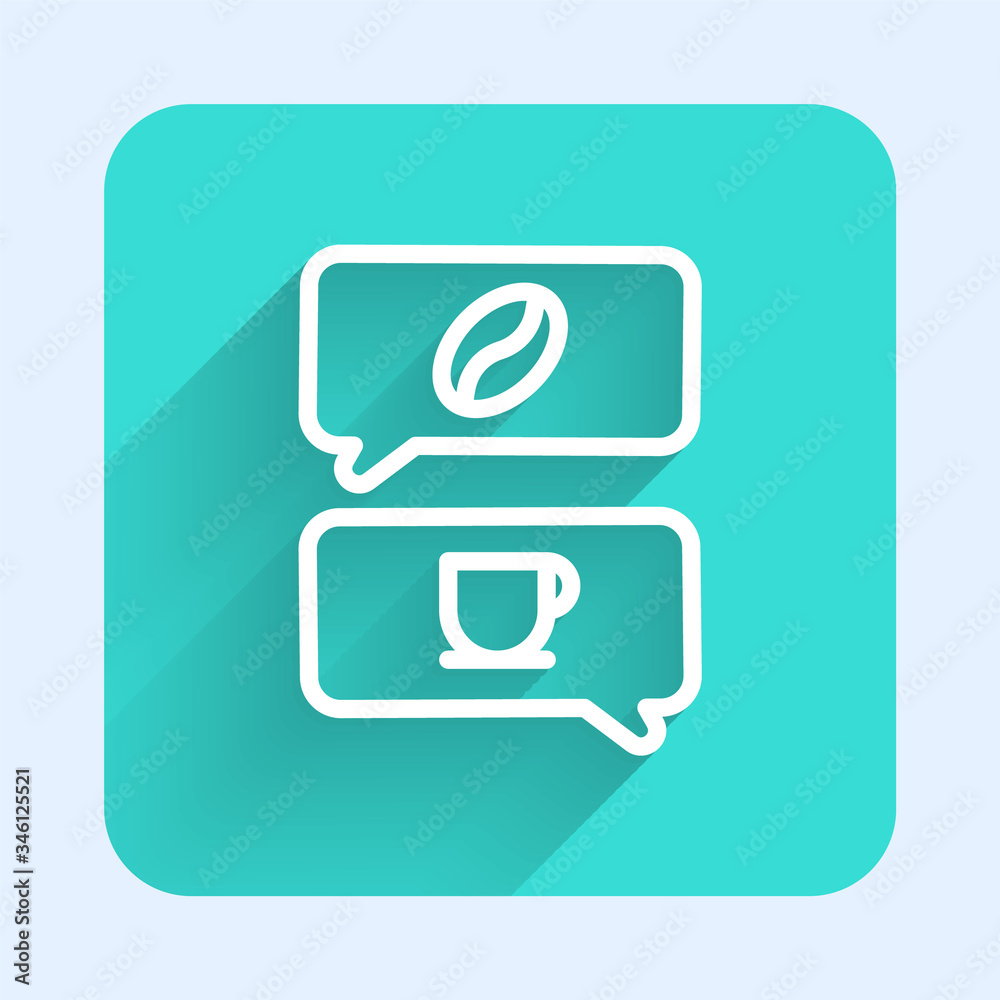 White line Coffee and conversation icon isolated with long shadow. Coffee talk. Speech bubbles chat. Green square button. Vector Illustration White line Coffee and conversation icon isolated with long shadow. Coffee talk. Speech bubbles chat. Green square button. Vector Illustration