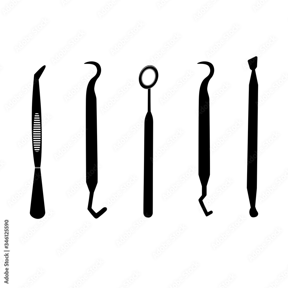 Set of dental tool icons. Dental instrument. Silhouette vector design. Set of dental tool icons. Dental instrument. Silhouette vector design.