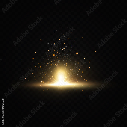 Shining golden stars isolated on black background. Effects, glare, lines, glitter, explosion, golden light. Vector illustration