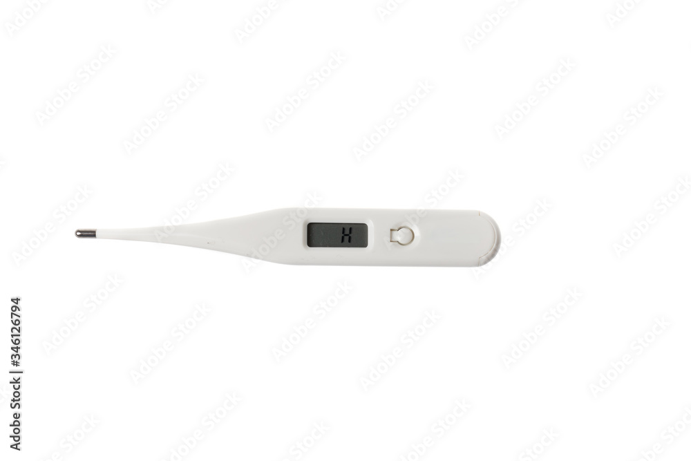 White digital thermometer with a display showing HIGH temperature, isolated on white background White digital thermometer with a display showing HIGH temperature, isolated on white background
