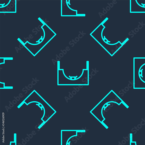 Green line Skate park icon isolated seamless pattern on blue background. Set of ramp, roller, stairs for a skatepark. Extreme sport. Vector Illustration