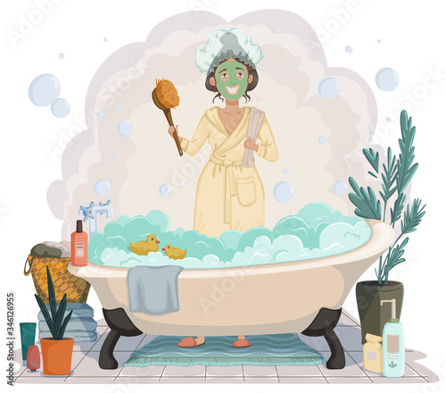 Young woman going to take bath. Girl wears white bathrobes and towel in hands standing in the bathroom near bath full of foam. Beauty and body care concept. Vector illustration