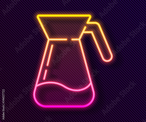 Glowing neon line Jug glass with water icon isolated on black background. Kettle for water. Glass decanter with drinking water. Vector Illustration